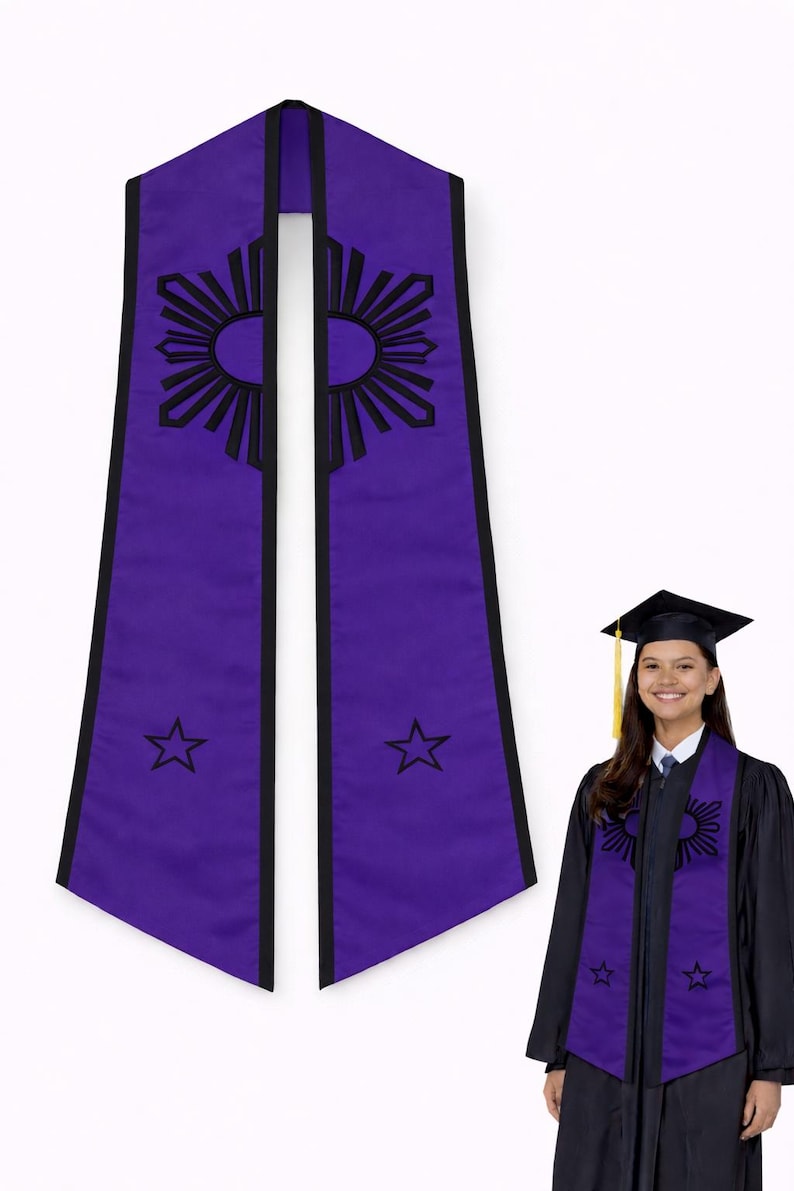 May include: Purple graduation stole with black trim, featuring a sunburst design and stars. The stole is worn by a person in a graduation gown and cap. The stole is a symbol of academic achievement.