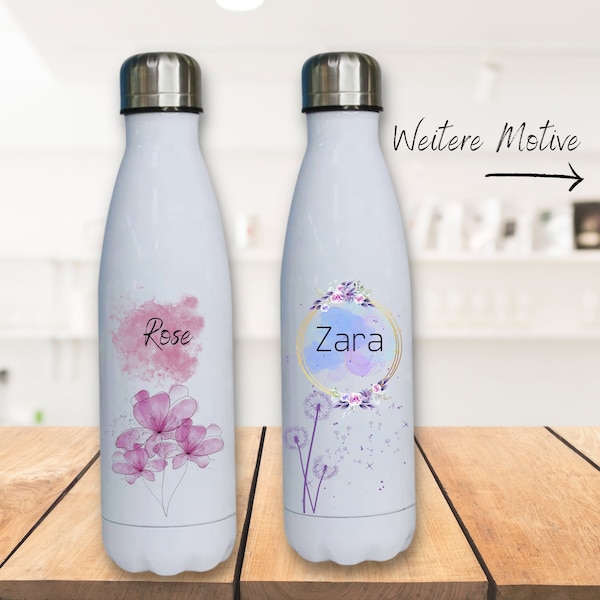Personalisierte Trinkflasche mit Namen | Edelstahl Thermoflasche | Geschenke für Mädchen | Flasche mit Blumenmotiven | Flasche für Büro-Uni