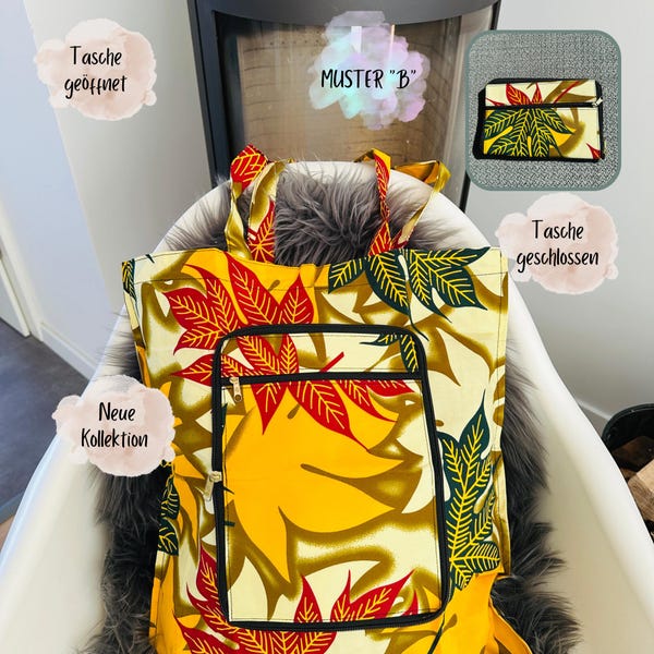 Puede incluir: Un bolso tote amarillo con un vibrante estampado de hojas en rojo, verde y amarillo oscuro. El bolso incluye un bolsillo frontal con cremallera y borde negro, además de dos asas superiores. El texto en la imagen incluye "Tasche geöffnet", "MUSTER B", "Tasche geschlossen" y "Neue Kollektion".