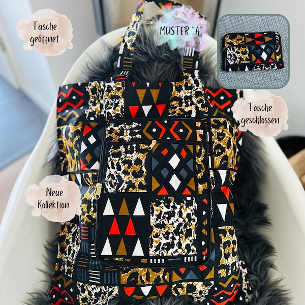 Puede incluir: Un bolso tote con un patrón geométrico y de leopardo en negro, rojo, blanco y dorado. El bolso incluye un bolsillo frontal con cremallera y dos correas para el hombro. El texto en la imagen incluye "Tasche geöffnet", "MUSTER A", "Tasche geschlossen" y "Neue Kollektion".
