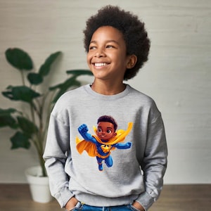 Pull Melanin, Sweat à capuche, T-shirts, Casquettes, Sacs de sport, Transferts thermocollants Black Hero - Vêtements pour garçons noirs - Bipoc Boy - Superheroes