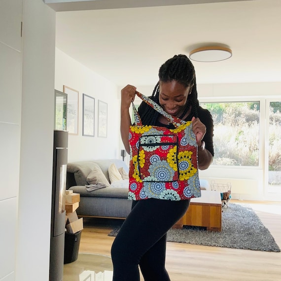 Sac De Courses Pliable En Tissu Wax Africain - 44x48 Cm, Rouge Vif | Sac Cabas Pratique Réutilisable