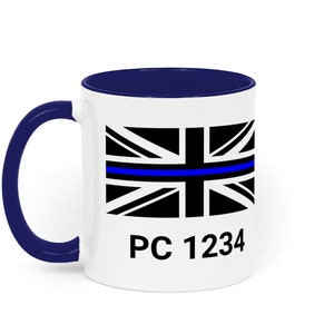 Personalised Police Officer Mug, Custom Name and Badge Number, UK Thin Blue Line