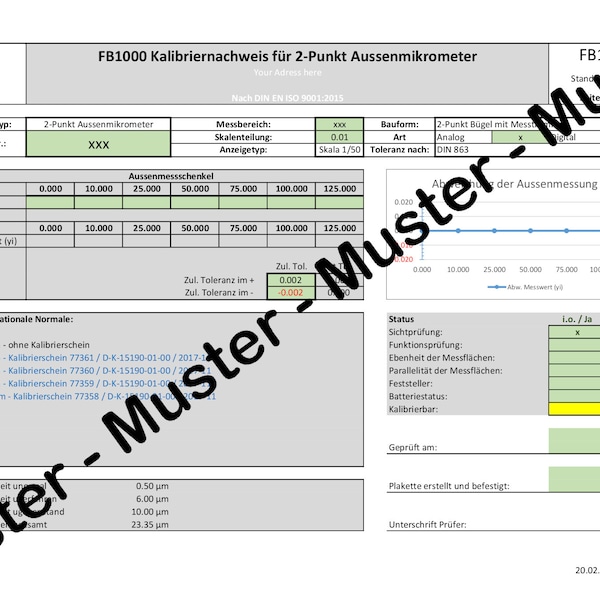 ISO 9001:2015 - Kalibriernachweis (Excel Tabelle) / Calibration certificate (Excel Sheet)