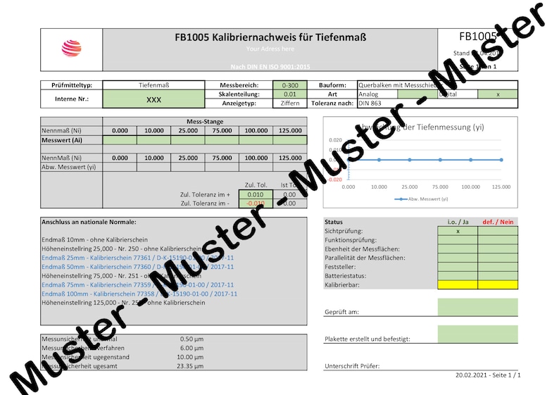 ISO 90012015 Kalibriernachweis excel Tabelle / Calibration Certificate