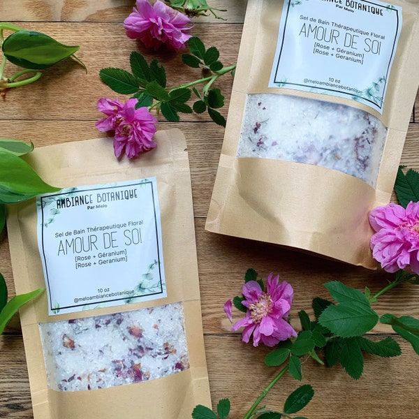 Self-Care Floral Bath Salt | 10 oz Bags | Therapeutic Bath | Milk, Rose & Geranium | Rose Flowers | 100% Natural |