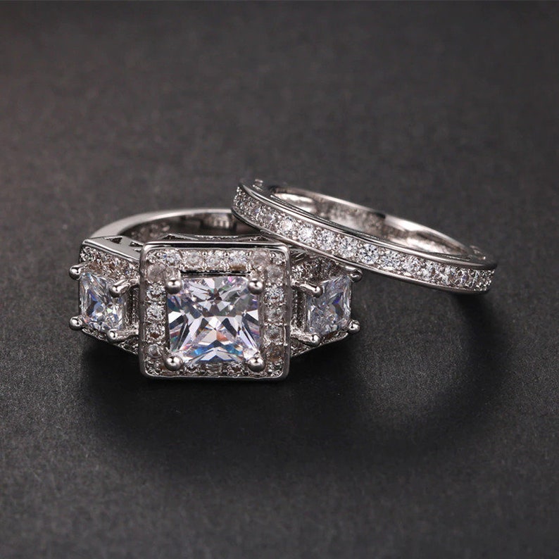 Vintage Set Ring For Couple With Big Square Cubic Zirconia, Silv Vintage Set Ring For Couple With Big Square Cubic Zirconia, Silv