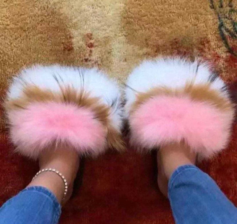 Bubble Gum Pink Fur Slides Womens Luxury Pool Beach Slides 