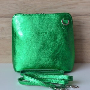 Piccolo handbag with flashy green glittery iridescent Italian leather shoulder strap Lots of colors available crossbody bag ideal gift image 1