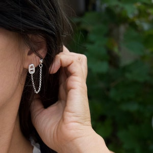 Navy mesh and double-hole chain earrings - 10 micron silver plated