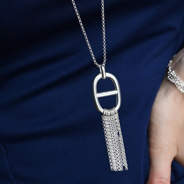 Sautoir Livia | collier fait main avec maille marine et rangs de chaine - plaqué argent résiste au temps