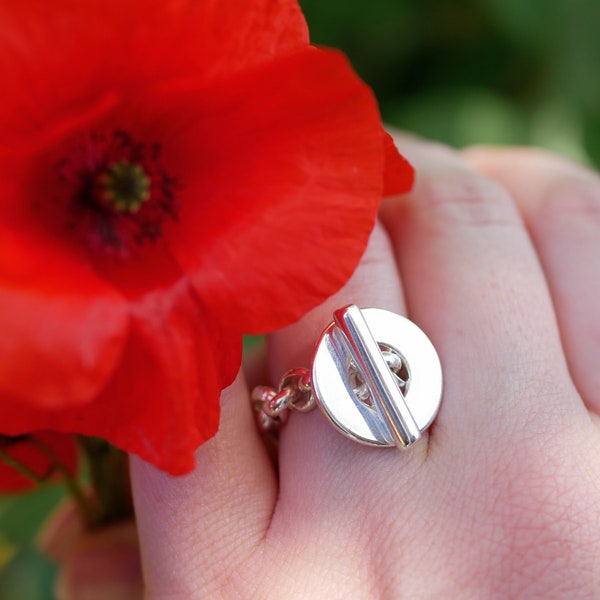 Bague Poppies - Bague plaqué argent 10 microns - Bague chaine et fermoir T