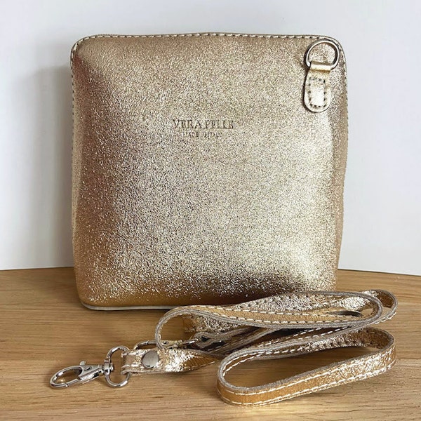 "Piccolo" handbag with shiny gold shoulder strap in Italian leather - Many colors available - crossbody bag - ideal gift