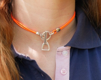 Jappeloup choker necklace - leather cord with toggle clasp and stirrup charm - All silver plated - Several sizes available