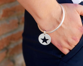 Silver plated bangle bracelet with star patch - 10 micron silver plated