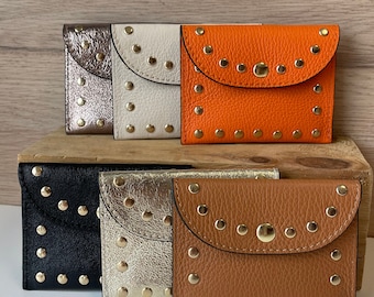 Pochette Rock en cuir italien - plusieurs coloris tendances orange camel noir beige doré - petit porte-monnaie avec pression - maroquinerie