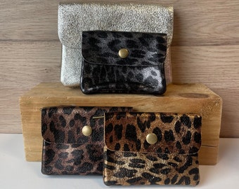 Shiny leopard Sunny clutch - small iridescent shiny leather coin purse - mini storage pouch - leather goods accessory