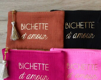 Pochette tissu "Bichette d'amour" - petite trousse pour cadeau amie copine soeur - petit porte monnaie tissu rose rouge écritures dorées