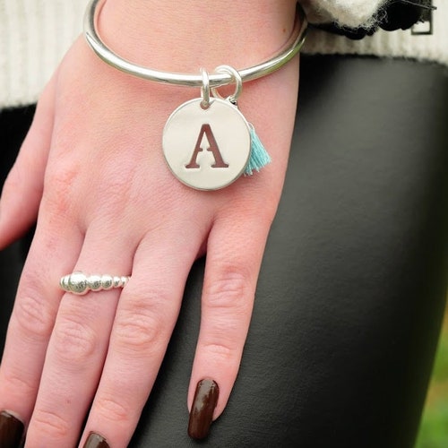 Silver plated rush bracelet with letter pellet with or without pompom- Custom charm with initial - silver plated 10 microns