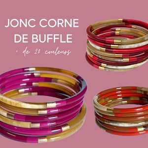 Puede incluir: Una colección de brazaletes circulares delgados hechos de cuerno de búfalo, con segmentos alternos de colores sólidos y detalles en oro metálico. El texto JONC CORNE DE BUFFLE + de 20 couleurs aparece en la imagen en blanco y letra cursiva.