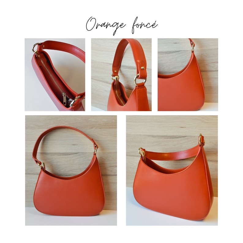 Sac Malo en cuir italien forme asymétrique avec bandoulière sac porté épaule baguette Sucre et Cannelle maroquinerie Orange foncé