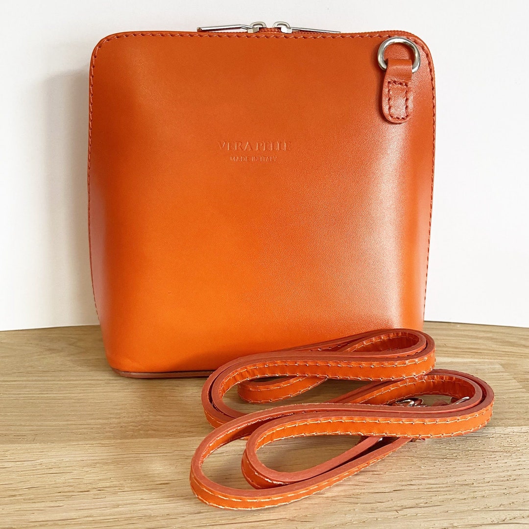 Piccolo Handbag With Bright Orange Shoulder Strap in Italian Leather