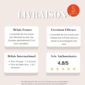 May include: A white card with the text "LIVRAISON" in large, bold, black letters. The card is divided into four sections, each with a title and description. The sections are "D&eacute;lais France", "Livraison Efficace", "D&eacute;lais International", and "Avis Anthousiastes". The "Avis Anthousiastes" section includes a 5-star rating with a score of 4.8 out of 5.