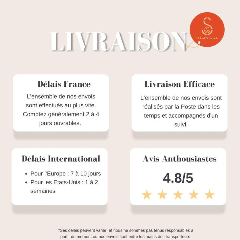 May include: A white card with the text "LIVRAISON" in large, bold, black letters. The card is divided into four sections, each with a title and description. The sections are "D&eacute;lais France", "Livraison Efficace", "D&eacute;lais International", and "Avis Anthousiastes". The "Avis Anthousiastes" section includes a 5-star rating with a score of 4.8 out of 5.