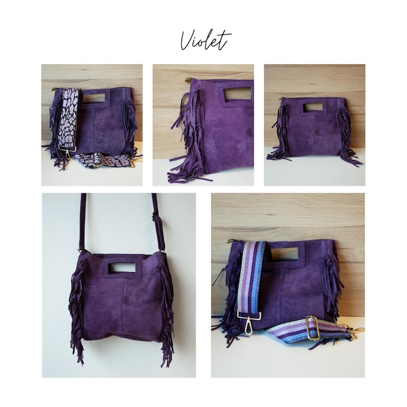 Sac Billy sac franges carrés en daim cuir nubuck idée cadeau femme maroquinerie Violet