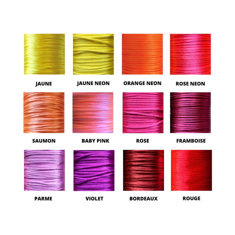 May include: A collection of 12 spools of waxed cotton cord in various colors, including yellow, orange, pink, red, purple, and blue. Each spool is labeled with the color name in French.