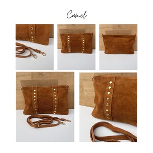 May include: Camel-colored suede crossbody bag with gold-tone stud accents. The bag has a detachable strap and a rectangular shape. The word "Camel" is written in cursive at the top of the image. The bag is shown from multiple angles.