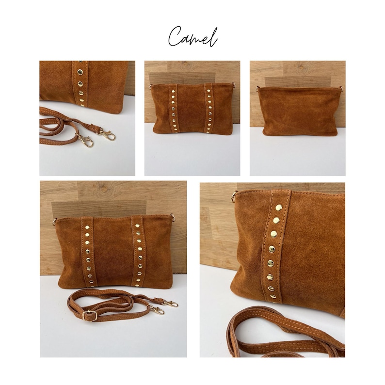 May include: Camel-colored suede crossbody bag with gold-tone stud accents. The bag has a detachable strap and a rectangular shape. The word "Camel" is written in cursive at the top of the image. The bag is shown from multiple angles.