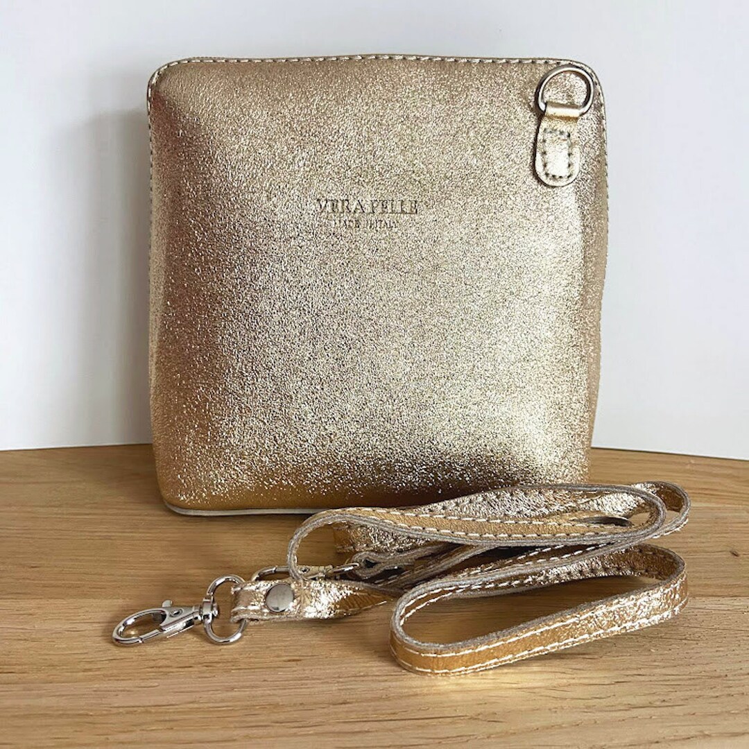 Handbag piccolo Shiny Gold Shoulder Strap Italian Leather Many Colors