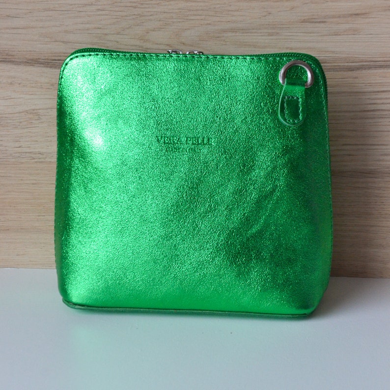 Piccolo handbag with flashy green glittery iridescent Italian leather shoulder strap Lots of colors available crossbody bag ideal gift image 2