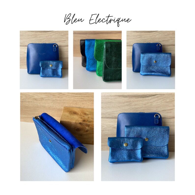 Pochette Sunny petit porte monnaie en cuir brillant irisé mini pochette de rangement 2 tailles disponibles accessoire maroquinerie Bleu électrique