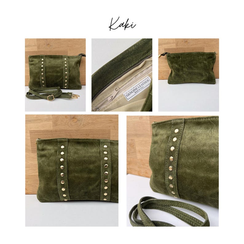 May include: Olive green suede clutch with gold-colored stud accents. The bag has a detachable shoulder strap and a zipper closure. The word "Kaki" is written in cursive at the top of the image. The interior of the bag is a light beige color.