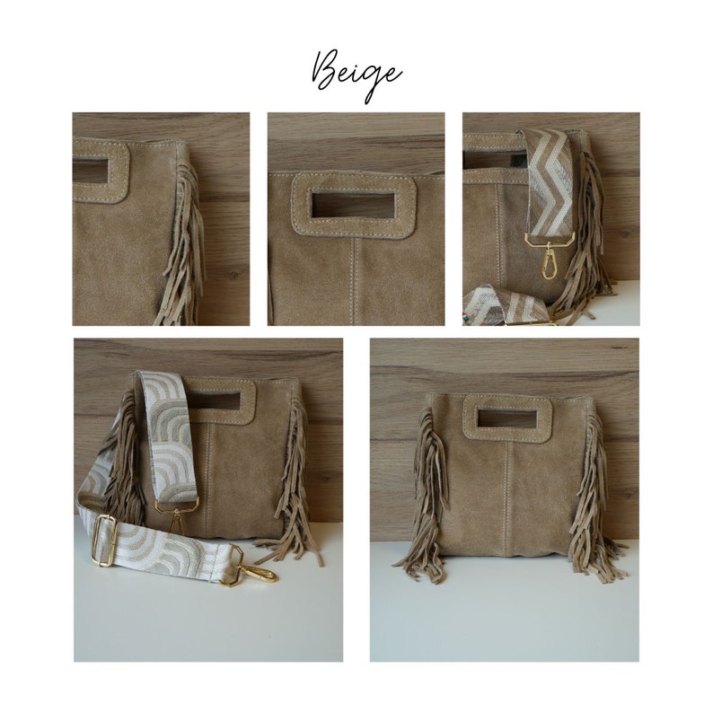 Sac Billy sac franges carrés en daim cuir nubuck idée cadeau femme maroquinerie Beige