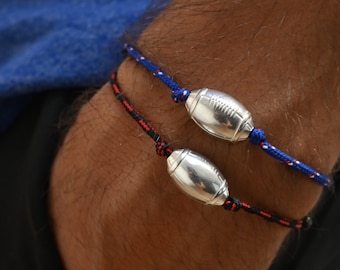 Rugby cup bracelet - silver plated rugby ball - blue white red paracord - black and red - mixed bracelet