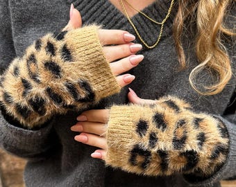 Mitaines Femme Imprimé Léopard – Chaudes, Sans Doigts, En Daim Et Fourrure Artificielle Pour L’hiver