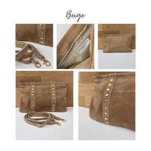 May include: A beige suede crossbody bag with gold-colored stud accents. The bag has a detachable strap and a zipper closure. The word "Beige" is written in cursive at the top of the image. The bag is made of genuine leather.