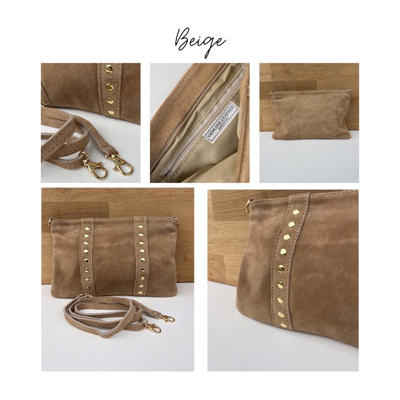 May include: A beige suede crossbody bag with gold-colored stud accents. The bag has a detachable strap and a zipper closure. The word "Beige" is written in cursive at the top of the image. The bag is made of genuine leather.