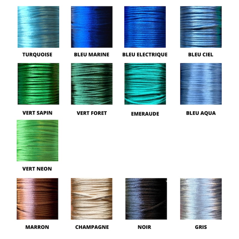 May include: A collection of 13 spools of waxed cotton cord in various colors, including turquoise, blue, green, emerald, neon green, brown, champagne, black, and gray. Each spool is labeled with the color name in French.