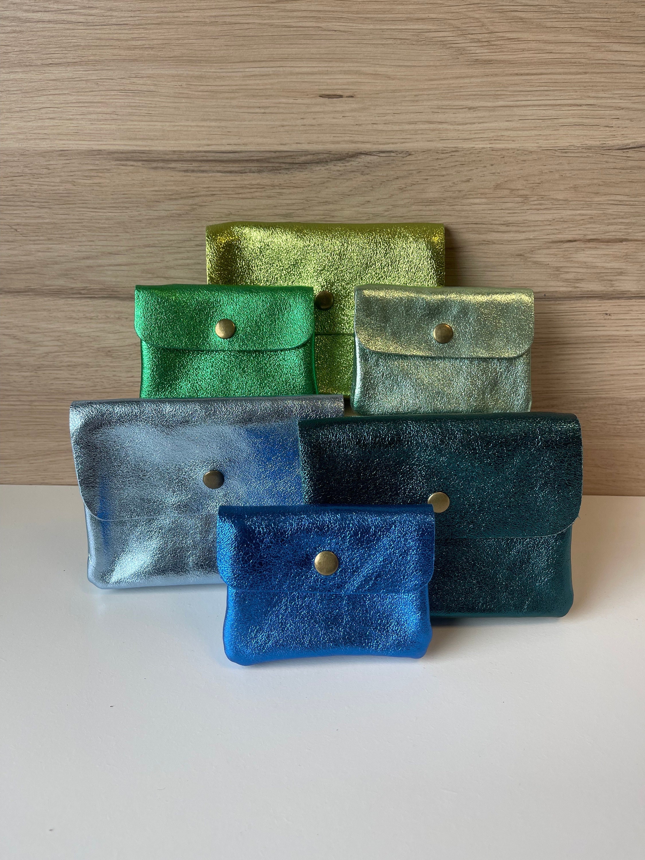 Sunny pouch in green and blue tones - small iridescent shiny leather coin purse - mini storage pouch 2 sizes - leather goods