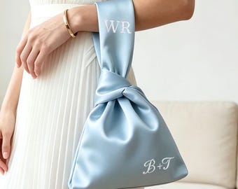 Monogrammed Satin Bridal Clutch Bag,Elegant Handle Evening Purse,Embroidered Satin Knot Bag,Bridal Wristlet for Weddings,Japanese Knot Bag