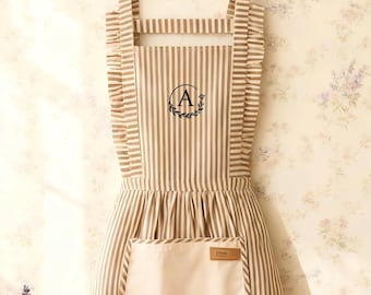 Personalized Women Apron,Custom Ruffled Apron,Striped Apron With Large Pockets,Embroidered Kitchen Apron,Chef Cooking Apron,Christmas Gifts