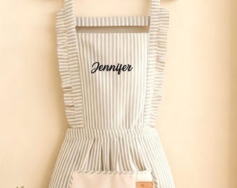 Embroidered Custom Women Apron,Personalized Striped Apron With Pockets,Linen Striped Apron，Kitchen Cooking Apron Gifts,Christmas Gifts