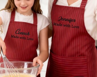 Personalized Parent and Kid Apron,Custom Family Apron Set,Embroidered Aprons for Adults and Kids,Striped Apron With Pockets for Little Baker