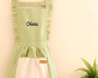 Personalized Embroidered Apron for Women,Kitchen Apron with Pockets,Custom Cooking Apron,Ruffle Stripe Apron,Apron with Adjustable Strap