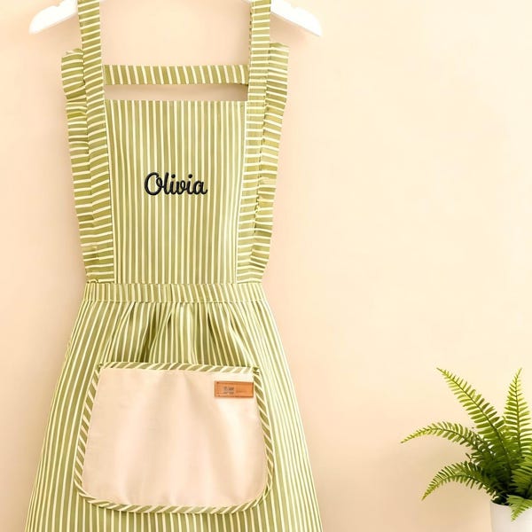 Personalized Embroidered Apron for Women,Kitchen Apron with Pockets,Custom Cooking Apron,Ruffle Stripe Apron,Apron with Adjustable Strap