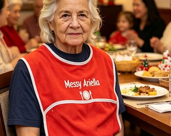 May include: A bright red adult bib featuring a white trim and the text Messy Ariella printed in white above a graphic of a plate, fork, and knife. The bib is worn over a dark blue short-sleeved shirt and white pants, providing coverage for clothing.